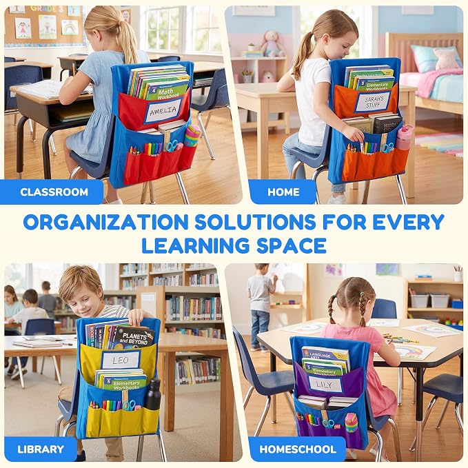 JoyCat 8 Pack Classroom Chair Pockets for School Chairs, 6 Pocket Student Chair Storage Organizer with Name Tag Holder, Colorful Chair Bags for Classroom & Homeschool Supplies