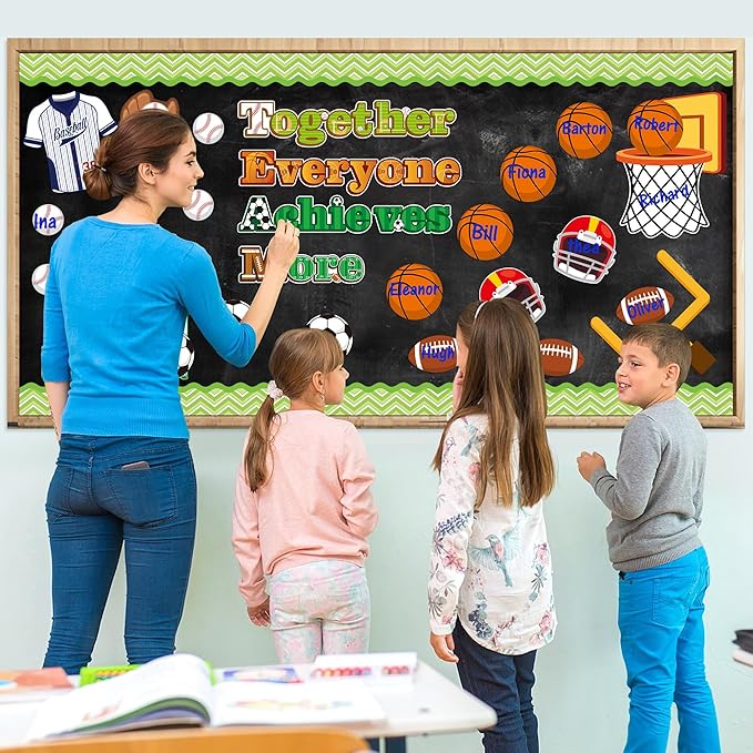 77Pcs Team Spirit Sport Bulletin Board Decoration Back to School Set Together Everyone Achieves More Basketball Football Cutouts Name Tags Motivational School Chalkboard Wall Door Supplies