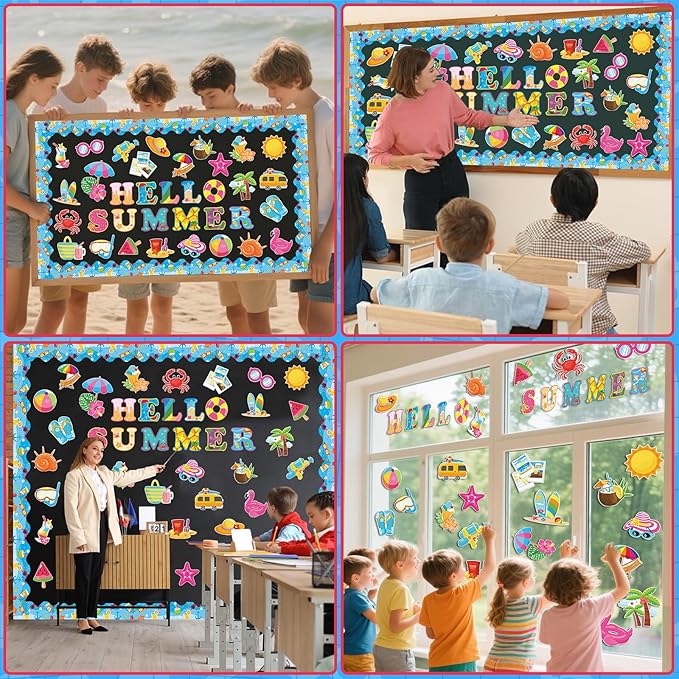71 Pcs Hello Summer Bulletin Board Set Hawaiian Beach Slippers Sun DIY Borders Bulletin Trim Home School Hawaiian Tropical Party Supplies for Back to School Classroom Chalkboard Wall Door Decor