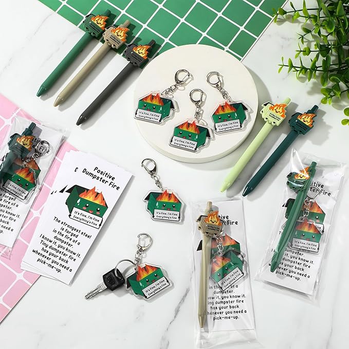 Sayglossy 10 Sets Dumpster Fire Pen Gifts for Coworker Positive Funny Pens Dumpster Fire Desk Accessories Acrylic Keychains Bookmarks Support Gifts for Team Coworker Teachers Boss Nurse