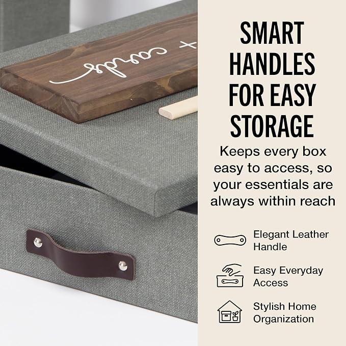 Bigso Box of Sweden Oskar Canvas Fiberboard Document Letter Box - File Organizer Box for Important Paperwork - Document Storage with a Lid & Handle - 3.3 in x 10.2 in x 13.8 in - 3 Pack - Grey