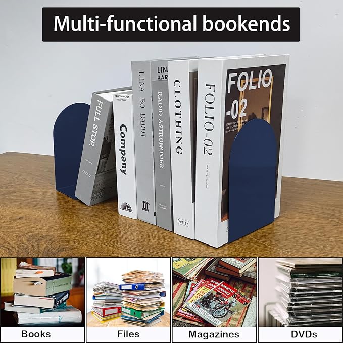 MerryNine Metal Book Ends, 4 Pack Blue Bookends for Shelves, Book Holder for Heavy Books, Book End for Kids Books, Decoration Bookend for Home Office