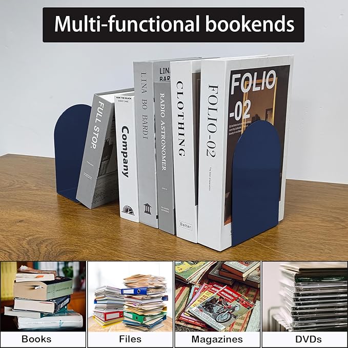 MerryNine Metal Book Ends, 8 Pack Blue Bookends for Shelves, Book Holder for Heavy Books, Book End for Kids Books, Decoration Bookend for Home Office