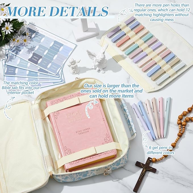 Sinload Quilted Bible Cover Case for Women 12 x 9 x 2.5 Inch Bible Chenille Letter Bag with Shoulder Strap Carrying Tabs 6 Colored Pens 12 Highlighters Christian Church Study Gifts(Blue,Floral)