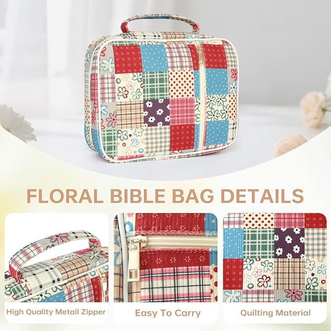 Bible Cover Case for Women Corduroy Bible Case for Girls Large Bible Cover with Handle Bible Study Supplies Accessories Christian Gifts for Women (Cute Plaid, Medium)