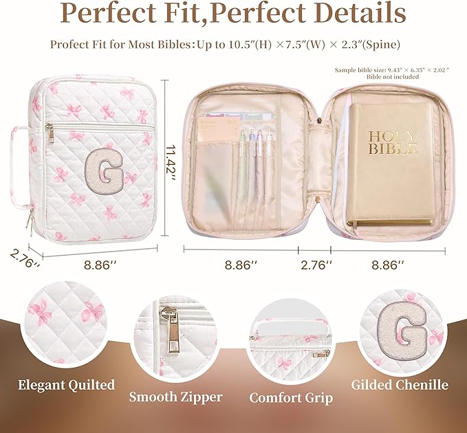 Personalized Initial Bible Cover Case for Women – Large Quilted Bible Bag with Handle, Chenille Letter, Bible Study Kit, Christian Gift for Mom, Grandma & Daughter (Pink Bow-G)