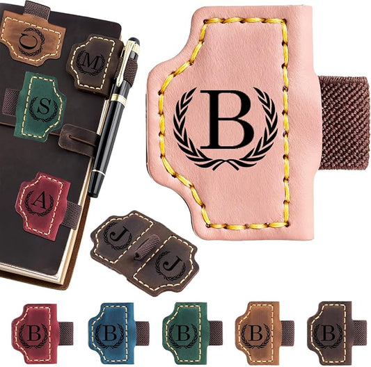 Artlaza Personalized Magnetic Leather Bookmark with Pen Holder - 26 Letters Custom Book Mark with Name Initial Engraved Book Marker for Readers, Book Lovers, Travelers - Gift for Women & Men(Pink，B