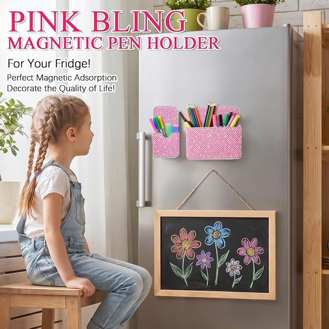 MotiMind 2 Pcs Pink Bling Magnetic Marker Holder Women Girl Locker Accessories Marker Pen Pencil Holder for Refrigerator Whiteboard Sparkly Gift Desk Organizer for School Office (Pearl)