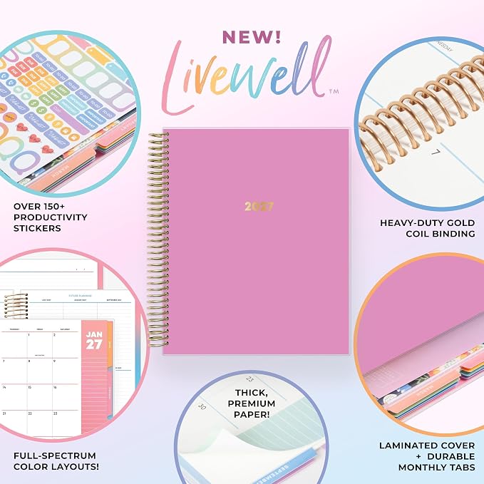 Blue Sky Livewell 2027 Weekly and Monthly Planner Calendar, January 2027 - December 2027, 7" x 9", Flexible Cover, Durable Twin Wire Binding, Colorful Pages, Storage Pocket, Includes Stickers, Magenta