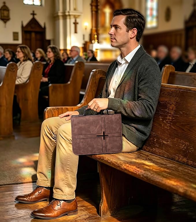Vegan Leather Bible Bag with Zipper and Handle, Bible Cover Case Organizer for Standard Size Bibles and Accessories, Christian Gift for Men and Women (Brown)
