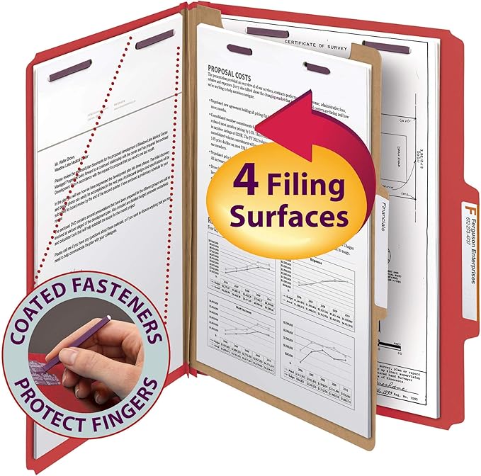 Smead Pressboard Classification File Folder with SafeSHIELD Fasteners, 1 Divider, 2" Expansion, Letter Size, Bright Red, 10 per Box (13731) (Pack of 1)