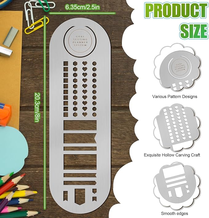 Skyygemm Stainless Steel Planner Stencils Bookmark 8 x 2.5 Inch Metal Stencil for Journaling Stainless Steel Stencils Kit Planing for Diary Template DIY Painting