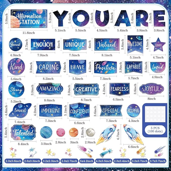 45pcs Space Affirmation Station Bulletin Board Set Motivational Posters Classroom Mirror Growth Mindset Decor Positive Affirmations Accents Cutouts for School Office Home Teacher Wall Supply