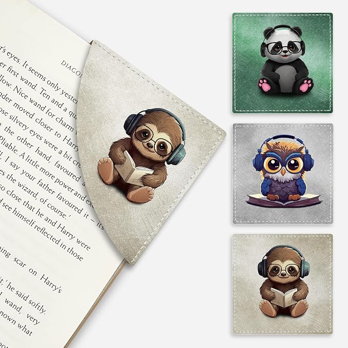 Icycay Cute Sloth Owls Panda Corner Bookmarks, Funny Leather Book Accessories for Book Lovers, 3 Pcs Reading Book Page Markers for Women Men Student Teacher Girls Boys Kids Retirement Birthday Gifts
