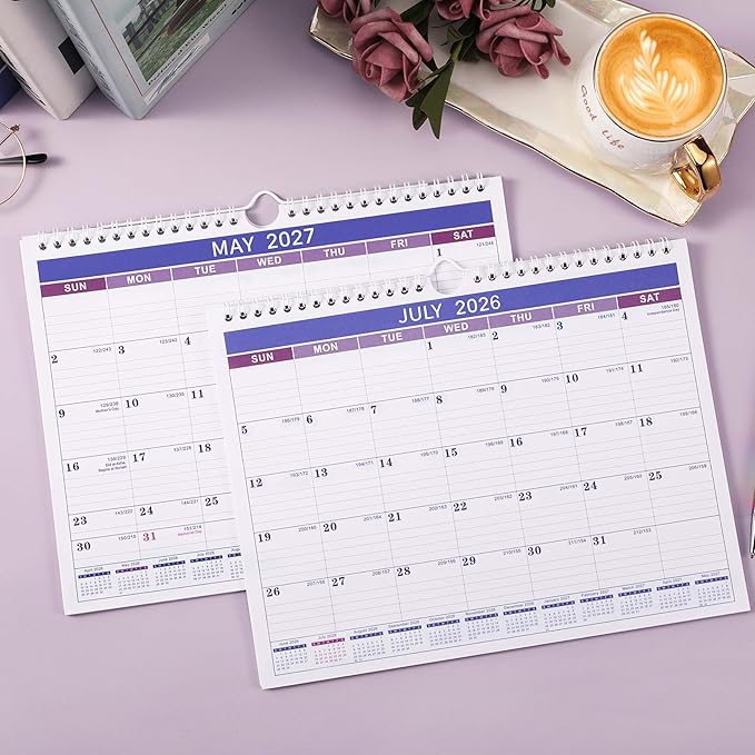 Wall Calendar 2026-2027 - Calendar 2026-2027, Jul. 2026 - Dec. 2027, 11" x 8.5", 18 Monthly Calendar 26-27, Hanging Hook + Ruled Blocks - Purple