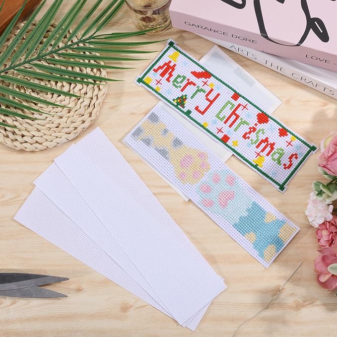 GLOBLELAND 22 Pcs Blank Cross Stitch Bookmark 14CT 7.87"x2.36" Cotton Cross Embroidery Bookmarks Aida Fabric Cross Stitch Simple Cross Stitch Fabric for Crafts DIY Crafts Sewing Projects Readers