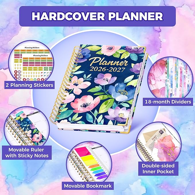 Planner 2026-2027, 18 Month Weekly and Monthly Planner, Jan. 2026 - Jun. 2027, 9" x 11.6" A4 Large Hardcover Calendar Planner with Page Tabs, Separator Page, Inner Pocket, Bookmark, Stickers, Sticky Note Set