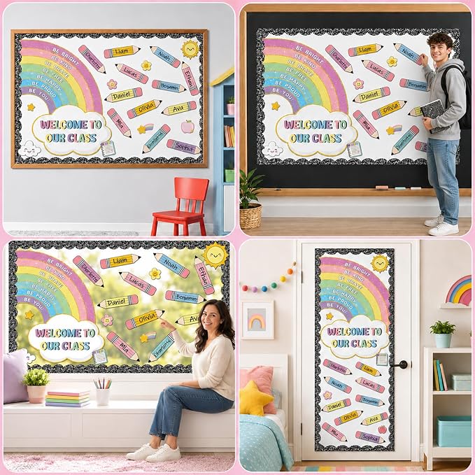 Rainbow Bulletin Board Set Back to School Classroom Decoration Colorful Pencil Bulletin Board Composition Notebook Inspirational Positive Affirmation Paper Cutouts for Classroom Chalkboard Wall Decor