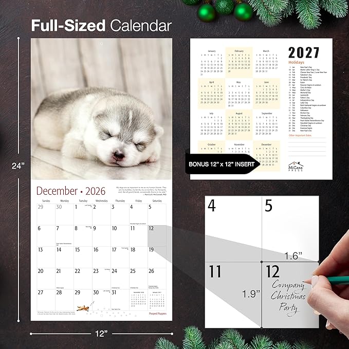 MICASA PRESS Pooped Puppies 2026 Wall Calendar 12 Month | 12" x 24" Open | Thick & Sturdy Paper | Giftable | Cute Funny Puppy Dog Calendar 2026