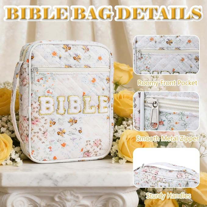 Bible Cover Case for Women, Large Chenille Letter Bible Bag with Handle, Carrying Bag with Tabs 6 Colored Pens 6 Highlighters, Back to School Study Supplies Christian Church Gifts, Spliced Flower