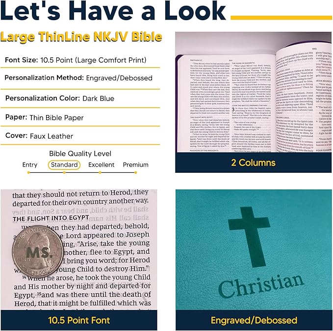 Personalized Custom NKJV Thinline Large Print Holy Bible with Name Includes Up To 3 Rows Of Text with Red-Highlighted Verses, Custom Gift for Christian & Religious Celebrations | Blue