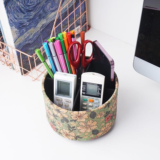 Round Leather Art Supply Organizer,Remote Control Holder,360 Degree Spinning,Multi-Functional Pencil Holder,4 Compartments Desktop Stationary Organizer(1-Wood Leather Green)