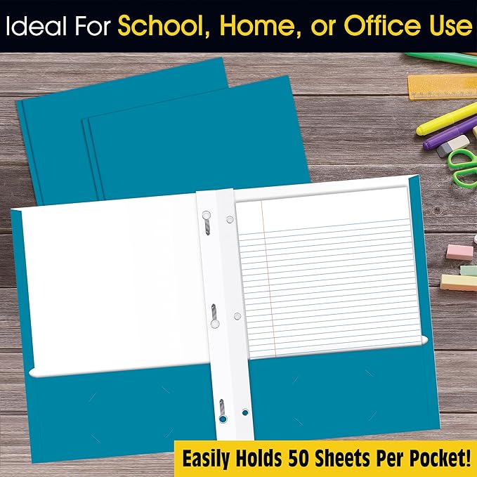 2 Pocket Portfolio Folders with Prongs (Metal Fastener Clips), 25 Pack, Cool Trendy Colors, Fits Letter Size Paper, for School, Office, Home, Matte Finish (Electric Blue)