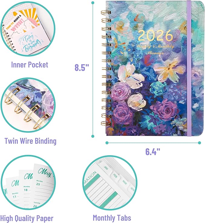 2026 Planner, Weekly and Monthly Calendar Planner for Women, Jan 2026 - Dec 2026, Hardcover Planning Agenda book, Spiral Bound, Inner Pocket, 6.3" x 8.5"