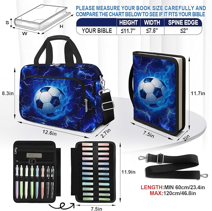 Soccer Large Bible Cover Case for Men Boys, Kids Bible Study Supplies Journaling Kit Book Carrying Case Bible Accessories with Pens Highlighters Cross Clips, Christian Gifts for Men