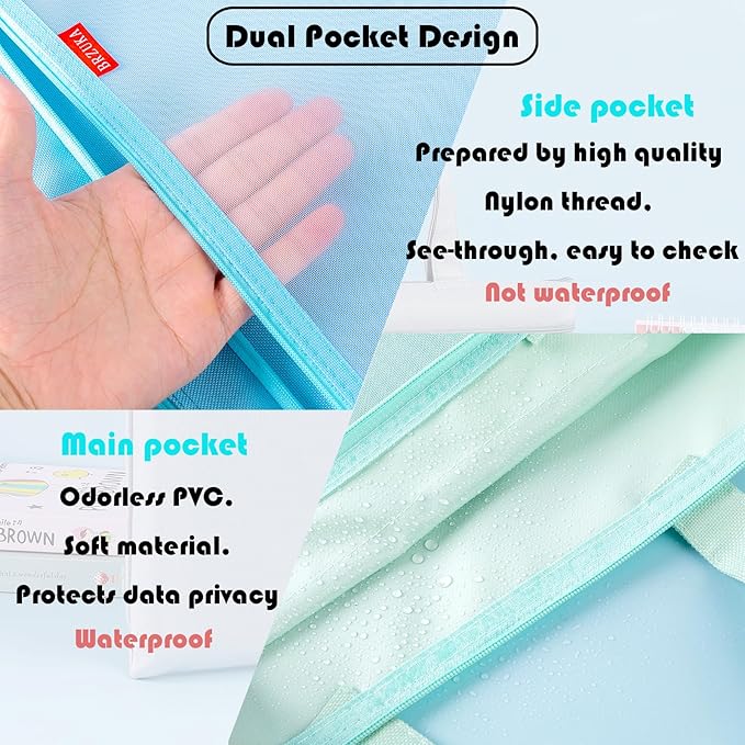 Mesh Zipper Pouch 11x13.7 in, A4 Double Pocket Waterproof File Bag with Handle, Document Storage for School/Travel/Office/Puzzle (Blue, 2pcs)