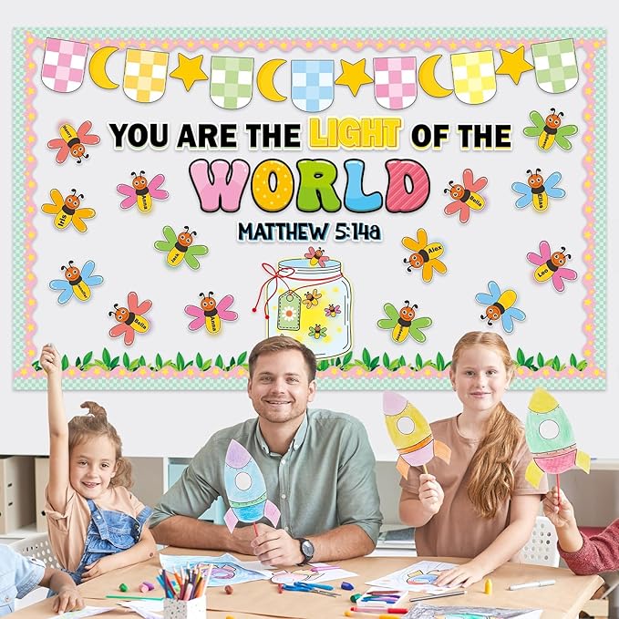 Christian Religious Bulletin Board Let Your Light Shine Bible Verse Bulletin Board Decorations Mason Jar Cutouts Firefly Name Tags for Sunday School Church Back to School Chalkboard Door Supplies