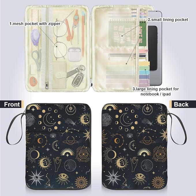 Sun and Moon Book Sleeve Cover, Mysterious Tarot Eye Protector Case With Zipper, PU Leather Waterproof Cover Bag, Portable Pouch for Paperback Hardcover Lovers Gifts