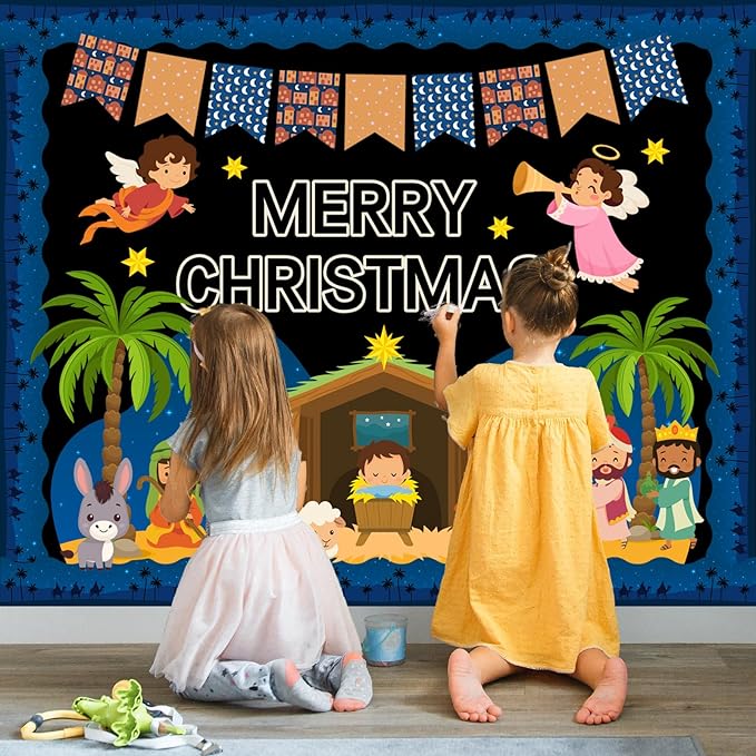 FYSUIMU 80Pcs Christmas Nativity Bulletin Board Decorations Christian Jesus Birth Scene Paper Cutouts Merry Christmas Classroom Decor with 150Pcs Glue Points for Xmas Party Sunday School Church