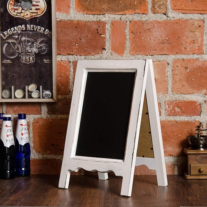 15 inch Mini Tabletop Wooden A-Frame Double-Sided Slate Chalkboard Sign Easel for Business (White)