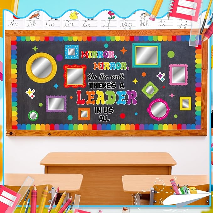 Honoson 59 Pcs Motivational Bulletin Board Set Mirror Mirror on The Wall There's a Leader in Us All Bulletin Board Cutouts Affirmation Station Classroom Decorations for School Classroom Wall Supplies