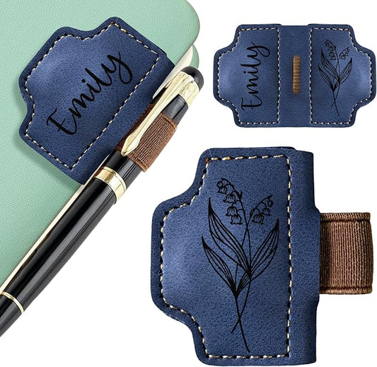 EDSG Personalized Magnetic Bookmark, Engraved Leather Bookmark Clip with Pen Holder, Laser Engraved Book Marks with Birth Flower Mothers Bookmarks Gifts for Men Women Teachers (Blue-Magnetic V2)