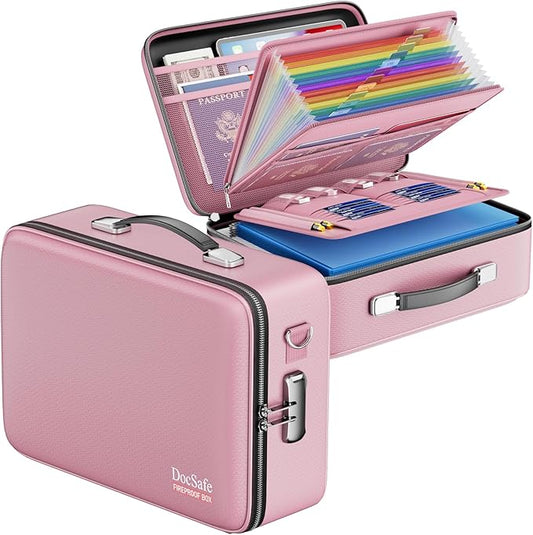 DocSafe Fireproof Document Box with Lock, Hard Case File Organizer with Accordion File Folder, Fireproof Water Resistant Safe Box Home Office Travel Storage for Important Documents Laptop Pink