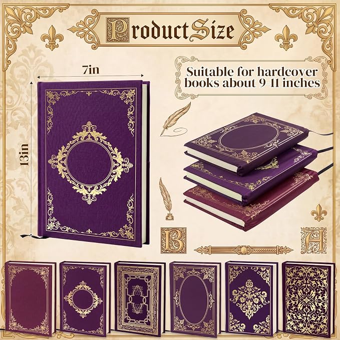 Gilprop 6 Pack Vintage Book Cover 9 x 11 in Jumbo Stretchable Book Cover for Most Hardcover Fabric Reusable Washable Protective Covers for Textbooks(Vintage Purple)