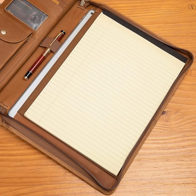 YIWEN Handmade Leather Portfolio, Zippered Padfolio Organizer Case, 8.5 x 11" Notepad Holder and 13" Tablet Folio, Professional Business Travel Gift for Women and Men (Brown, Crazy Horse Leather)