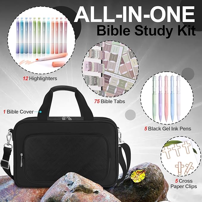 Large Bible Cover Case for Boys Mens, Book Carrying Case with Highlighters Tabs Pens, Bible Bag for Men Organizer, Bible Holder Bible Study Supplies Journaling Kit, Christian Gifts Black