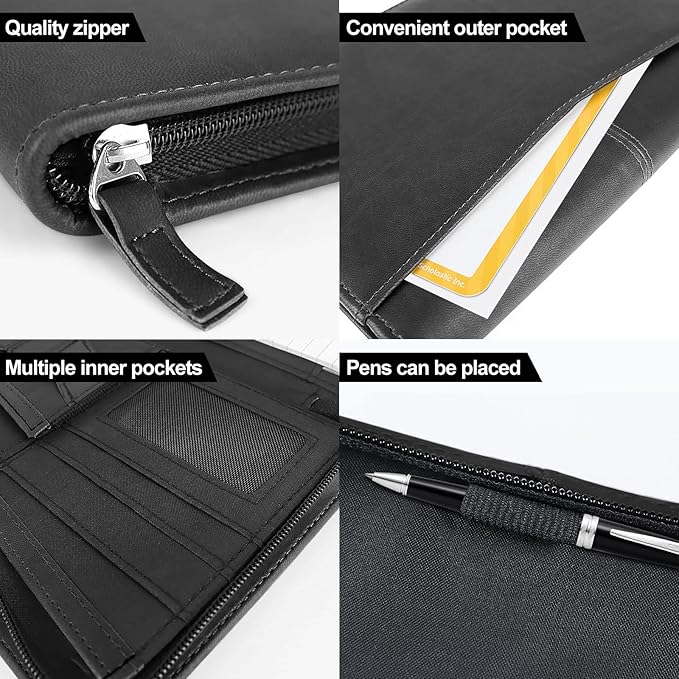 Godery Mini Leather Zippered Padfolio Portfolio Binder 5 x 8 Legal Writing Pad, Professional Business Portfolio for Men & Women, Card Holder, Notepad Clipboard Holder (Black)
