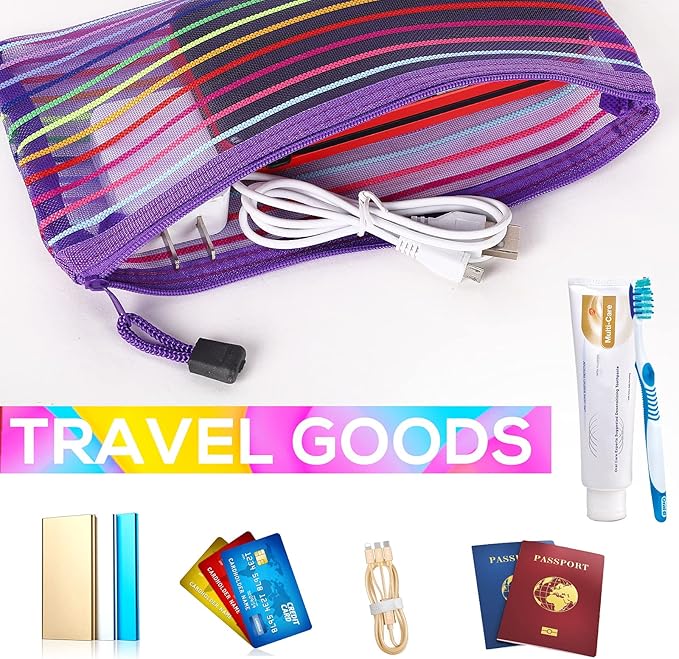 20 Pack Multicolored Zipper Mesh Pouch, Zipper Pencil Pouches Pen Bags, Multipurpose Travel Bags for Cosmetic School Office Supplies and Travel Accessories, 10 Colors (Assorted D)