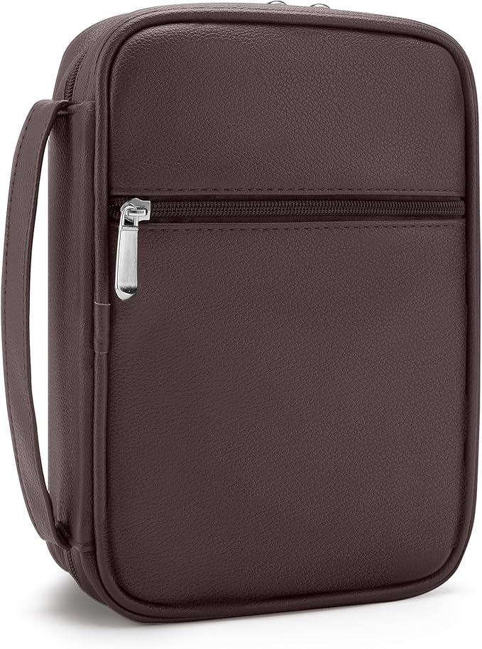 Small Bible Cover Case for Women and Men, 9x6 PU Leather Bible Sleeve, Compact Travel Bible Carrier Bag with Front Pen Holders, Zipper Closure, Inner Pockets - Coffee Brown