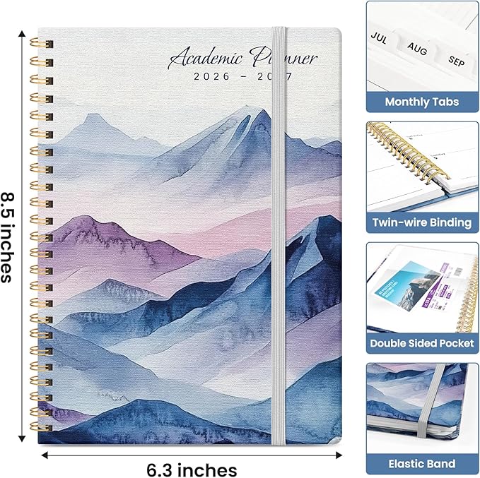 Planner 2026-2027, Academic Monthly and Weekly Calendar Planner for Women, July 2026 - June 2027, Hardcover Pretty Agenda Planner Book with Tabs, Spiral Daily Organizer for School Office Home Supplies, 6.3" x 8.5" - Distant Peaks