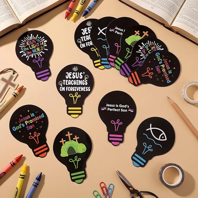 Eaasty 144 Pcs 4.6 x 3.2'' 2026 Vbs Vacation Bible School Memory Tags Illumination Theme Light Bulb Tags Double-Sided Printed for Jesus Faith Learning Church Activity Supplies