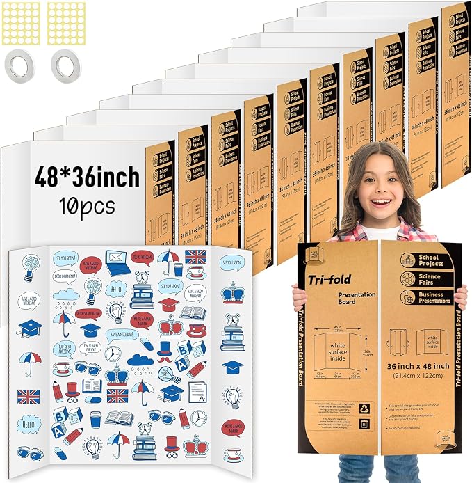 10 Pack Trifold Poster Board 48" X 36", IKAYAS Single Sided White Poster Boards, Science Fair Display Boards Posterboard for Mounting, Prints,Art,Display,Projects Classroom Supplies