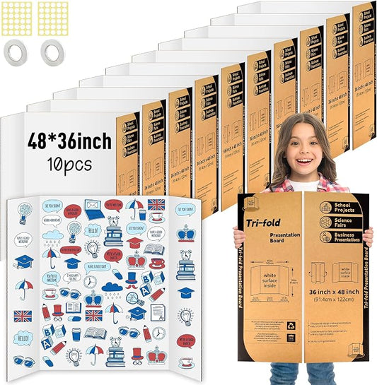 10 Pack Trifold Poster Board 48" X 36", IKAYAS Single Sided White Poster Boards, Science Fair Display Boards Posterboard for Mounting, Prints,Art,Display,Projects Classroom Supplies