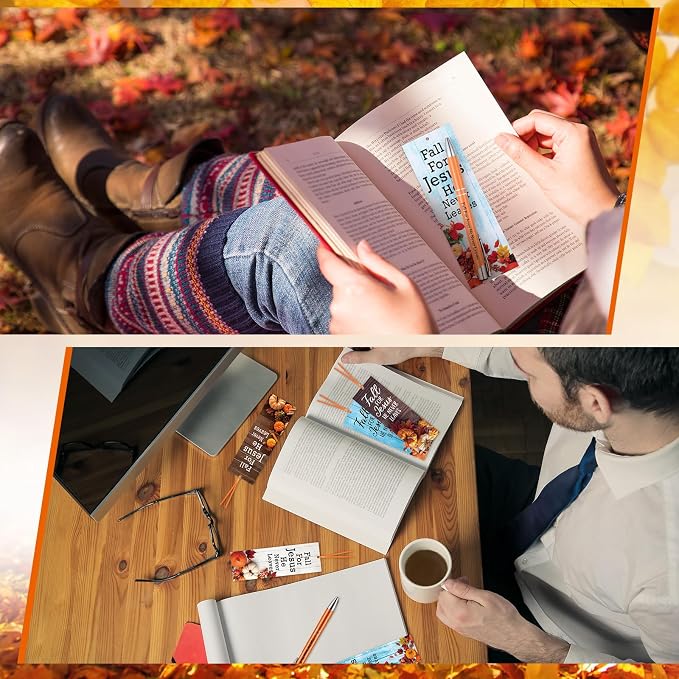 Dispowreath 36 Pcs/ 18 Sets Fall for Jesus He Never Leaves Gifts Pen with Bookmark, Include 18 Bible Verse Pen, 18 Religious Bookmarks Autumn Thanksgiving Exchange Gifts for Home Church Party Favors