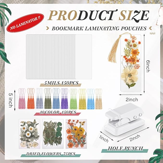 Fuyoooo 376 Pcs Dried Flower Bookmark Making Kit, DIY Bookmark Laminating Pouches with Tassels and Puncher, Handmade Craft Kit for Women, DIY Gifts for Book Lovers (Light Colors,2 x 6 Inch)