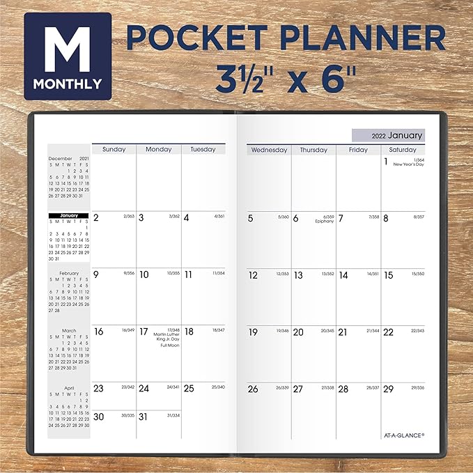 2022 Pocket Calendar by AT-A-GLANCE, Monthly Planner, 3-1/2" x 6", Pocket Size, DayMinder, Black (SK5300)
